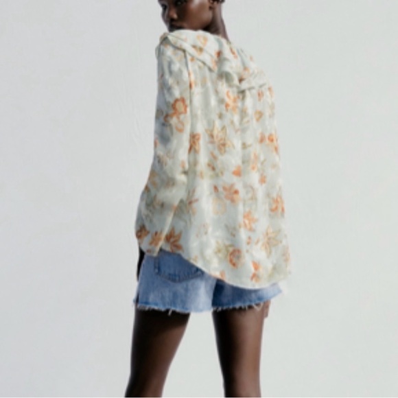 Zara Floral Ruffle Blouse - Cream and Orange - Picture 3 of 4